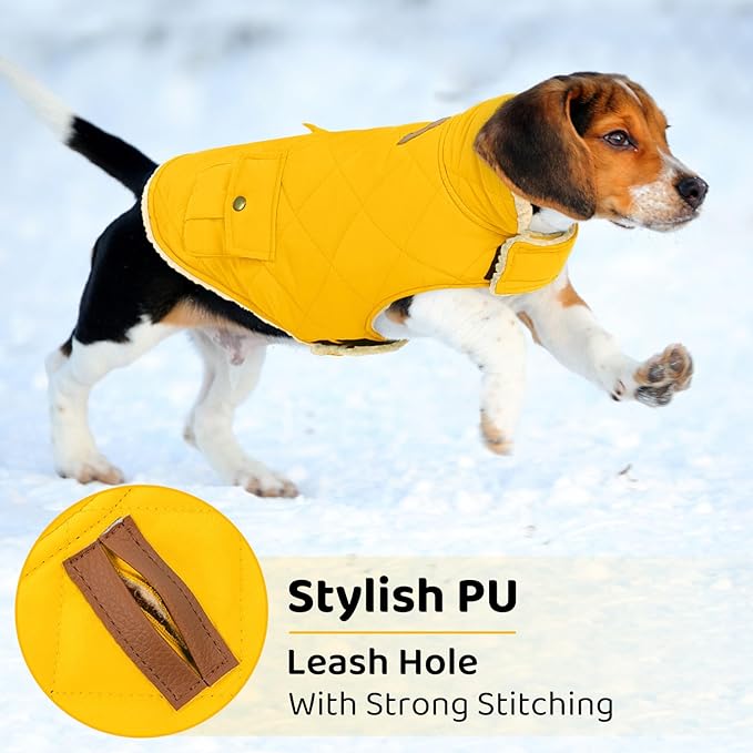 Queenmore Dog Winter Coat Warm Puffer Jacket Waterproof Plush Lining Thermal Cold Weather Vest for Small Medium Large Dogs, Windproof Easy On Pet Jacket Yellow L