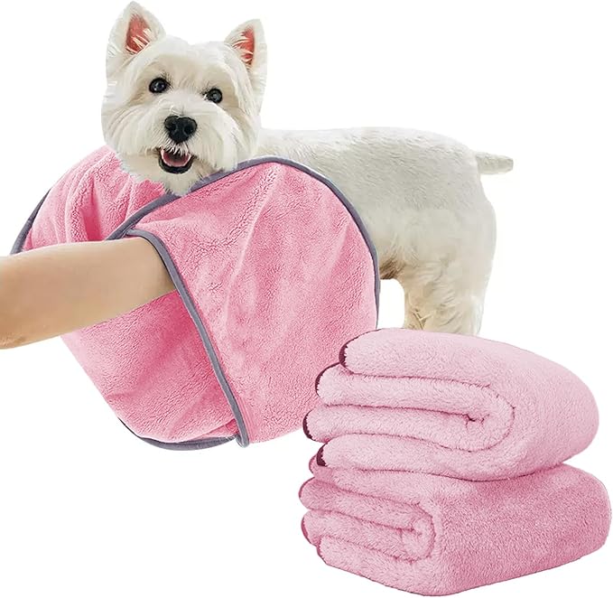 Dog Towels for Drying Dogs Small Medium Large, 2 Pack Dog Cat Drying Bath Towel 30.3"x13.8" with Hand Pocket,Absorbent Pet Towel for Dog Cat Pink