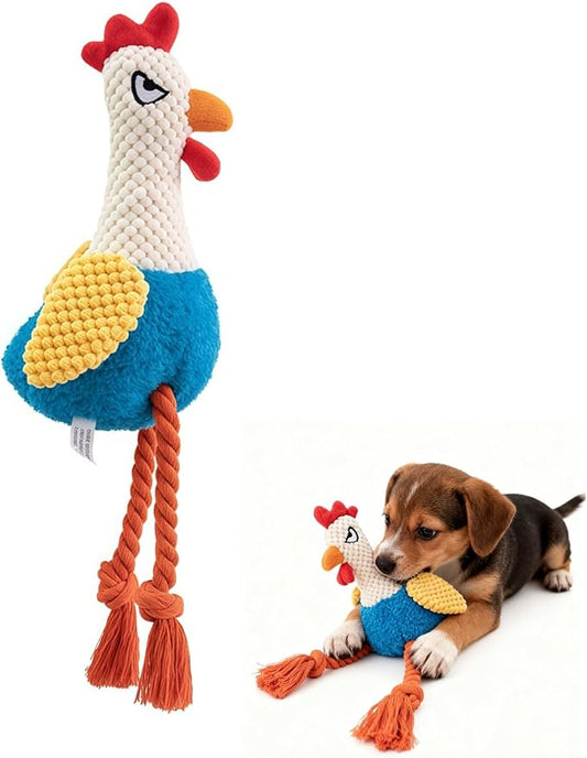 Plush Chicken Dog Toy with Squeaker, Interactive Rope Legs, Colorful Textured Rooster Chew Toy for Small, Medium Dogs, Tug-of-War, Fetch