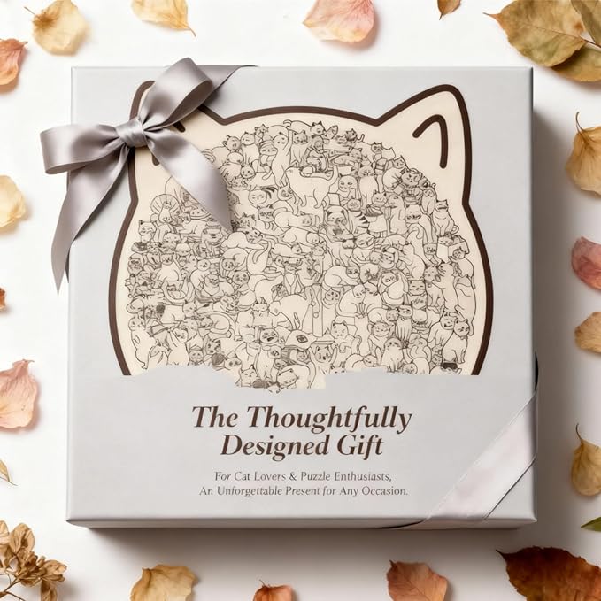 135-Piece Wooden Jigsaw Puzzle, Cat Shaped Puzzle for Home Decor, Cute Animal & Macaron Color Art, Framed Morandi Style Wall Decoration Gift (Wooden Natural Color)