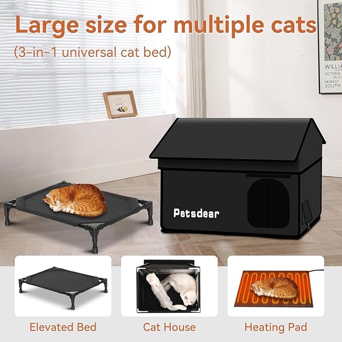 Heated Outdoor Cat House - Large, Weatherproof & Insulated for Multiple Cats (Black)
