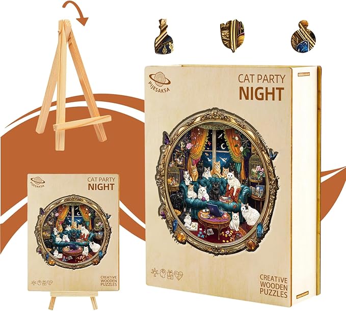 Wooden Puzzles for Adults, Cat Party Night Wooden Jigsaw Puzzle for Adults, Wood Puzzles Adult, Unique Shape, Presents for Friends, Wall Art Home Decor (S-8.5 * 8.5in - 100 pcs)
