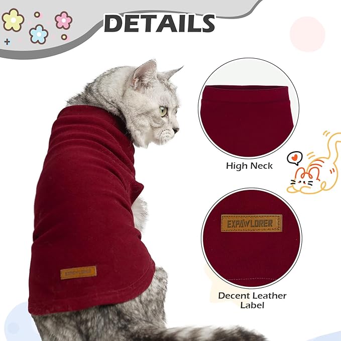 EXPAWLORER Soft Cat Sweater - Sweaters for Cats Only Warm Kitten Clothes, Fall and Winter Pet Coat Pullover Design, Fleece Sweatshirt Clothing Also for Puppy Small Dogs, Red Medium
