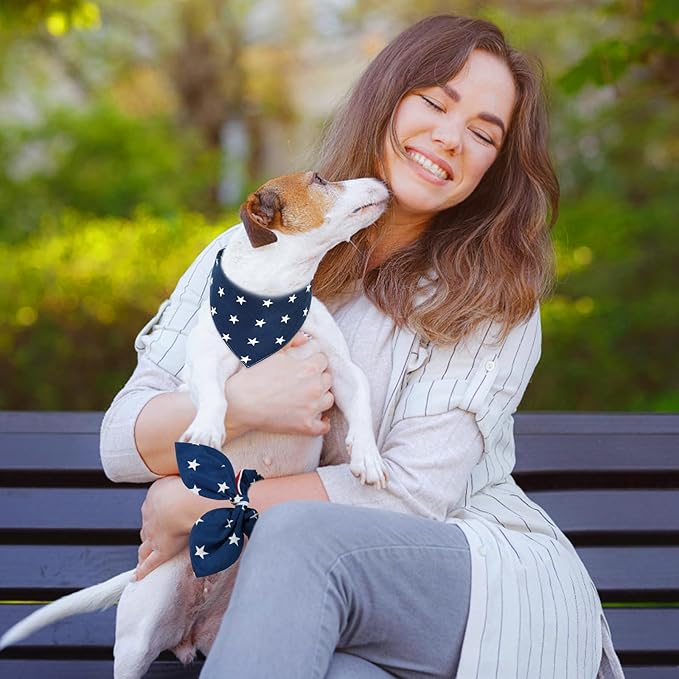 E-Clover 4th of July Dog Bandanas & Matching Scrunchie Set American Flag Dog Scarf Washable Patriotic Pet Bandana Triangle Kerchief Bibs for Small Dogs Puppy Owner Gifts