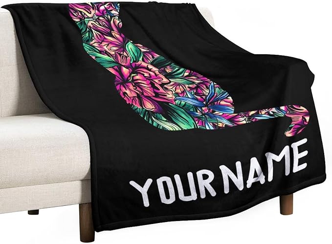 Personalized Cat Blanket Gifts with Name - 40"x50" Cute Throw Blanket for Adults Kids - Black Soft Plush Throws for Bed, Couch & Travel