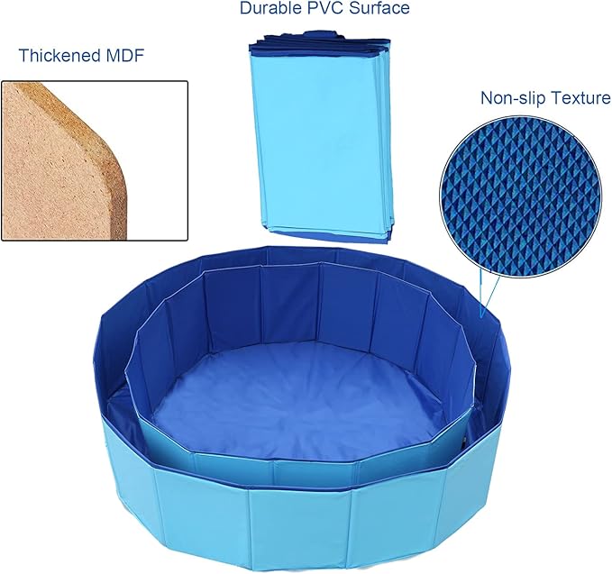 Foldable Pet Dog Kids Swimming Pool(40'' x 12''),Plastic Anti-Slip PVC Bathing Tub Swimming Pool Durable Fiberboard Kiddie Pool Blue
