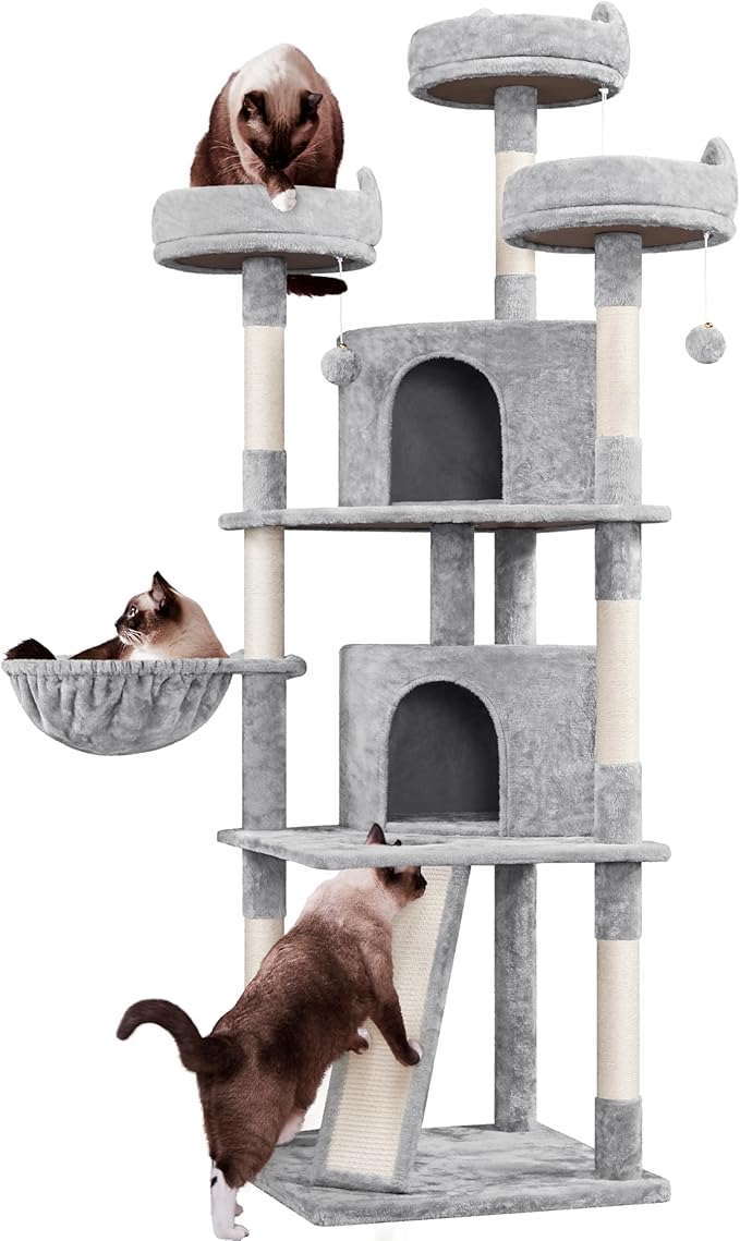 Yaheetech 76in Cat Tree Multi-Level Cat Tower with Large Cat Condo＆Cozy Perches Stable Pet Play House w/Sisal-Covered Scratching Posts＆Board for Indoor Cats, Light Gray