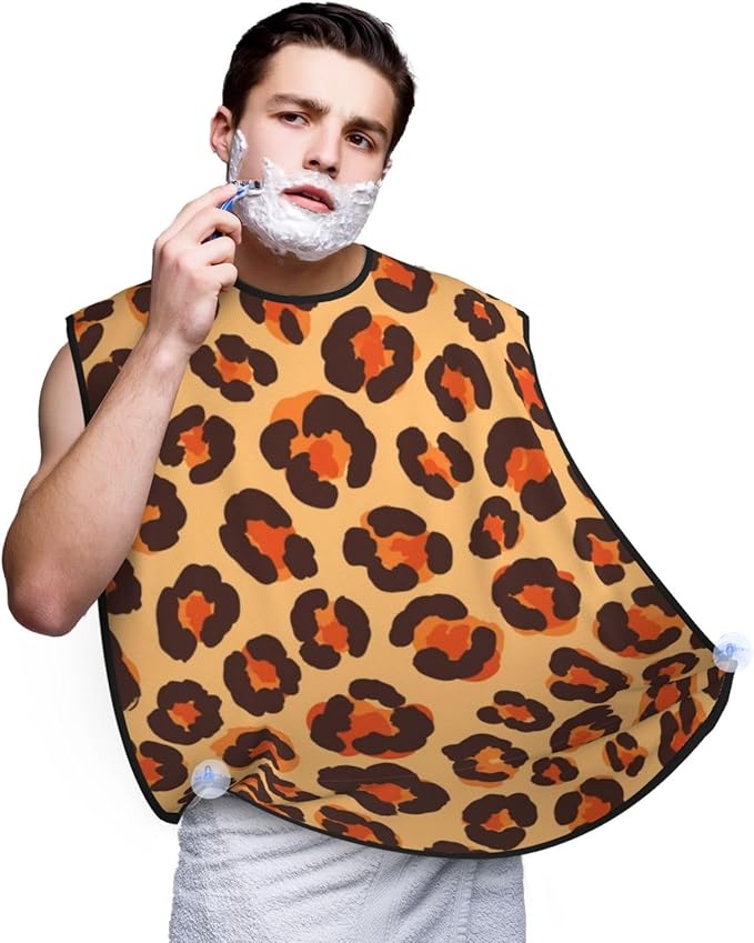 Beard Bib Apron for Men Shaving, Waterproof Non-Stick Hair Catcher with Suction Cups, Grooming Essential for Dad Husband, Animal Cheetah Leopard Print Shave Bib
