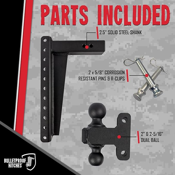 BulletProof Hitches - 2.5" Adjustable Heavy Duty Trailer Hitch (22,000 lb. Rating) - 16" Drop/Rise Trailer Hitch with 2" & 2-5/16" Dual Ball - Powder Coat, Solid Steel, Corrosion-Resistant