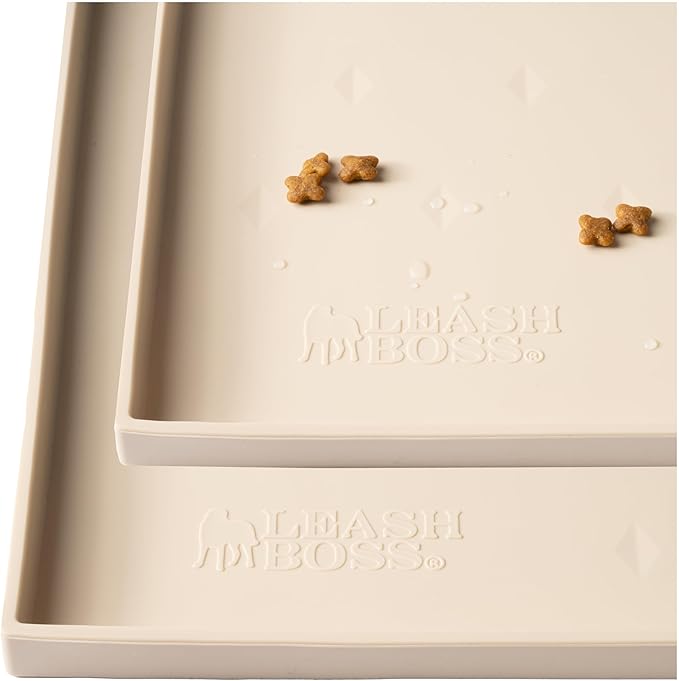 Leash Boss Dog Food Mat - 2-Pack, Waterproof Cat & Dog Bowl Mat for Food and Water, Silicone Pet Feeding Mats for Floors, Non-Slip Placemat with High Edges, Puppy Essentials (Small: 18"x11", Beige)