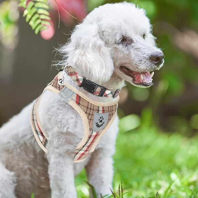 PUPTECK Adjustable Dog Harness Collar and Leash Set Step in No Pull Pet Harness for Small Medium Dogs Puppy and Cats Outdoor Walking Running, Soft Mesh Padded Reflective Vest Harnesses, Khaki S