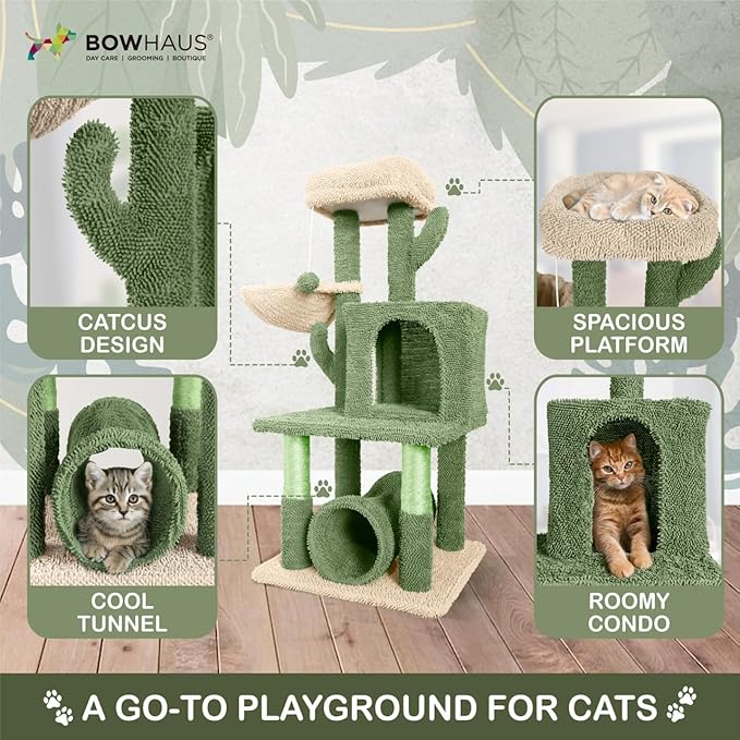 CAPHAUS Cactus Cat Tower for Indoor Cats, Cute 40-Inch Small Cactus Cat Tree w/Widened Perch for Large Cats & Kittens, Multi-Level Cat Activity Tree w/Scratching Post, Tunnel, Basket, Cat Cave Condo