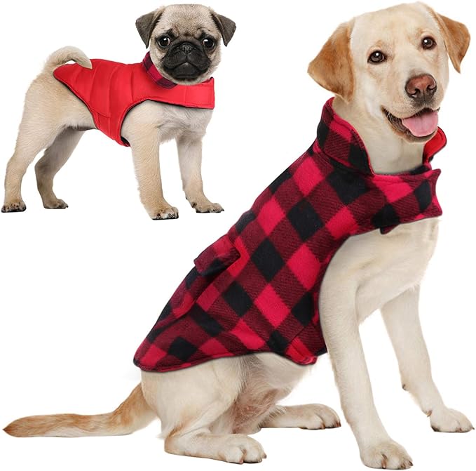 AOFITEE Dog Coat Plaid Dog Winter Coat for Large Dogs, Warm Dogs Jacket Christmas Sweater, Waterproof Pet Puffer Jacket, Reversible Pet Cold Weather Coats for Small Medium Large Pets, Red XXL
