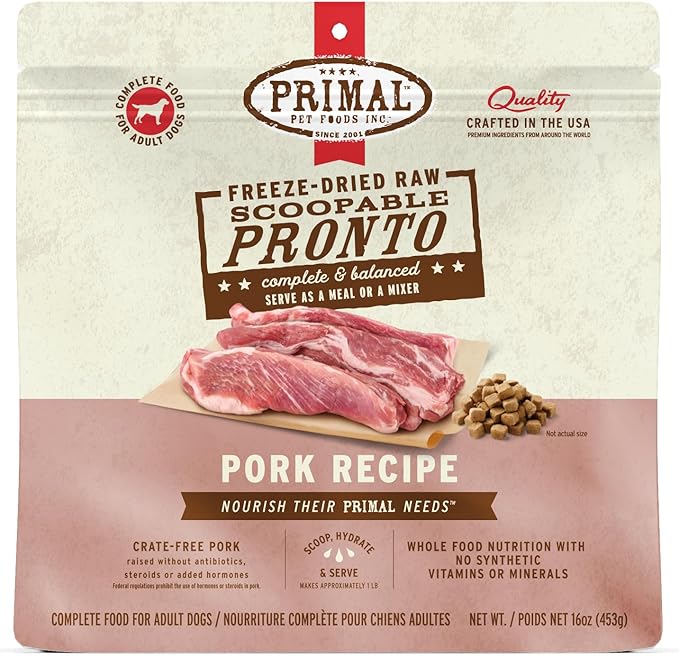 Primal Freeze Dried Dog Food, Pronto Mini Nuggets, Pork; Scoop & Serve, Complete & Balanced Meal; Also Use As Topper or Treat; Premium, Healthy, Grain Free, High Protein Raw Dog Food (16 oz)