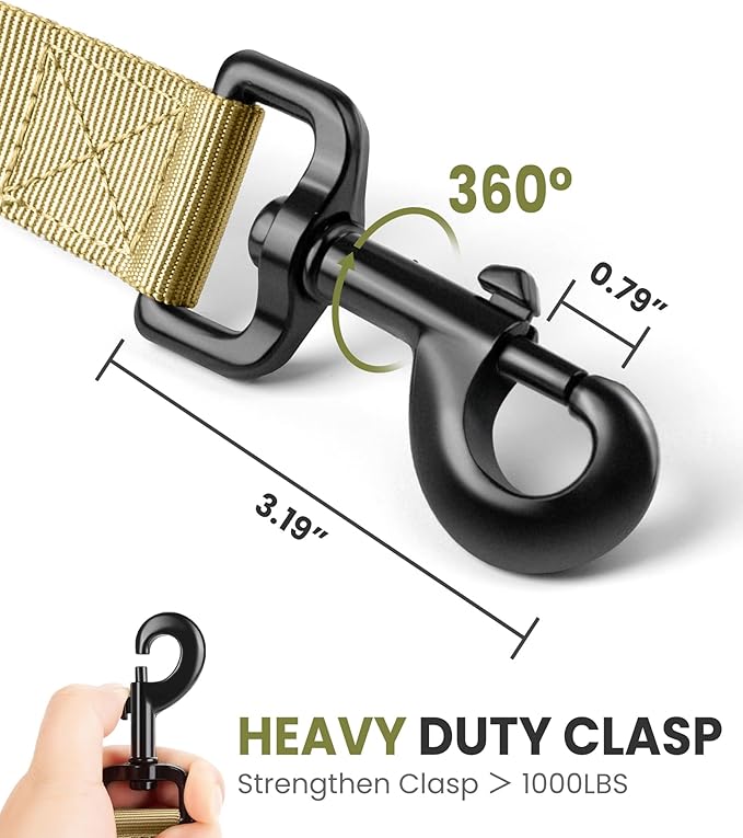 OutdoorMaster Bungee Dog Leash, Heavy Duty Dog Leash with Shock Absorption, 2 Padded Handles Training Leash, 1 Seat Belt Clip, Improved Dog Safety and Comfort -(Khaki, 6 FT)