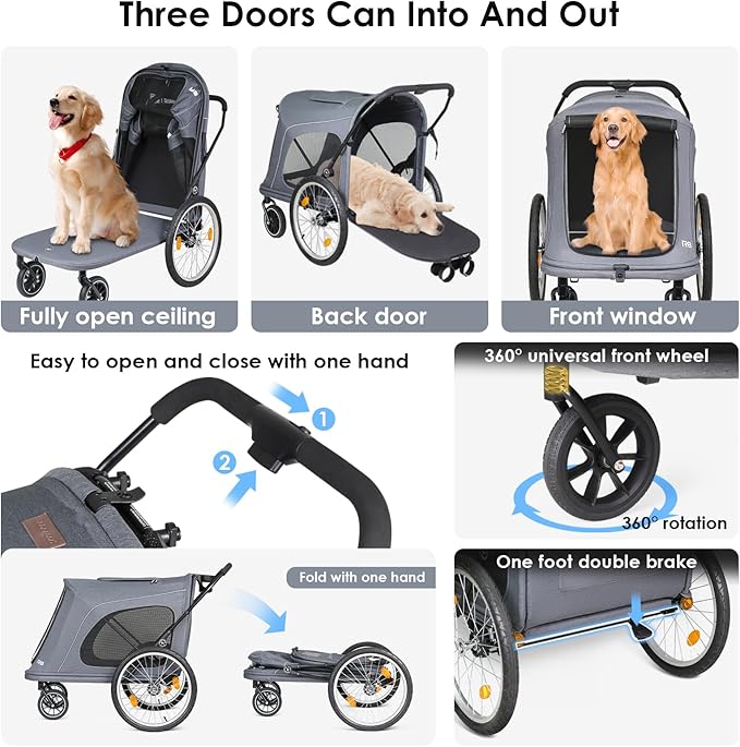 R8 Pro Extra Large Foldable Pet Stroller, Dog Stroller & Pet Trailer for Large Dogs Under 100 lbs, Unmovable, Disabled & Pregnant Dogs - Conveniently Carriable by Bike and Car, Grey