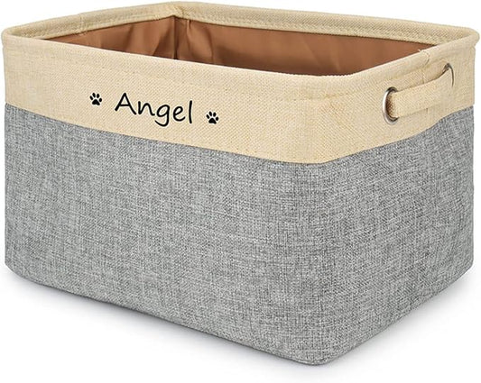 Personalized Dog Toy Bin , Foldable Dog Toy Basket Storage with Handles , Customized Name and Paw Print Pet Toy Box for Organizing Food Clothes Blanket and Pets Accessories(Gray)