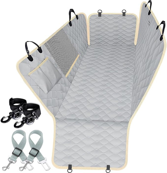 Lassie Dog Car Seat Covers for Back Seat with 2 Seat Belts, Waterproof Dog Car Hammock with Mesh Window Durable Scratch Proof Nonslip Pet Carseat Covers Universal Fit Protector for Cars, Trucks & SUVs