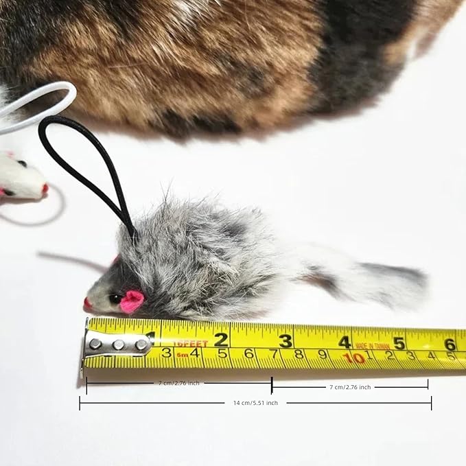 Real Rabbit Fur Mouse Cat Toy - 5 Pack with Crinkle Sound, Rattle & Rope, Extra-Wide Durable Tail, Interactive Hunting Toys for Indoor Cats (No Catnip)