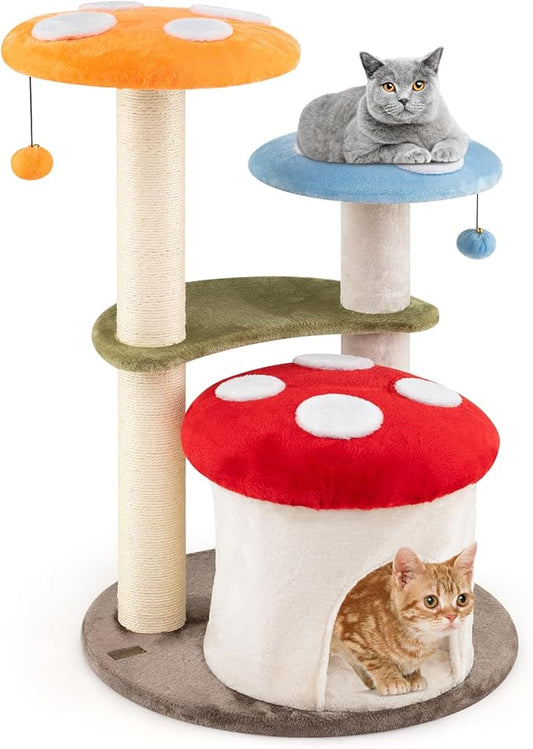 PETSITE Mushroom Cat Tree, Multi-Level Cute Cat Tree Tower with Sisal Scratching Posts, Cat Condo, Soft Plush Perches, and Dangling Toys for Indoor Cats (35 Inch)
