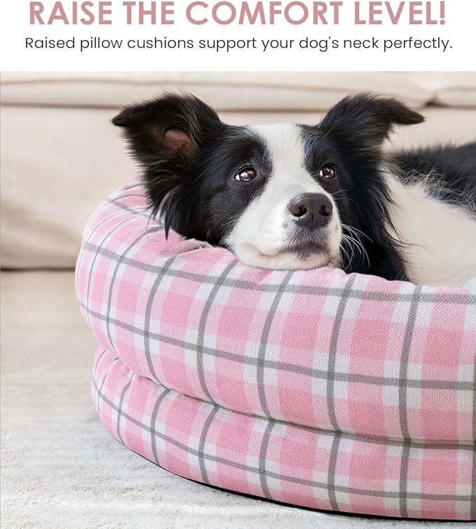 Orthopedic Dog Bed for Medium Size Dogs, Pet Sofa Bed with Egg Crate Foam, 4-Sided Bolster, Removable Washable Cover & Anti-Slip Bottom, Medium Pink Plaid