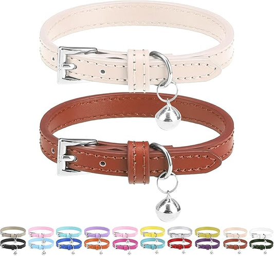PUPTECK 2 PCS Soft Genuine Leather Cat Kitten Collar with Bells Adjustable for Girl Boy Cats Puppy - Cream, Brown