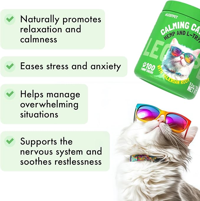 LEGITPET Cat Calming Treats Natural Anxiety Relief for Indoor Cats Stress & Travel Storm Separation Support Helps with Vet Visits, Grooming & Loud Noises Soothing Behavior Aid 100 Yummy Chews