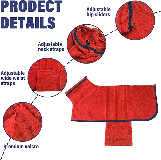Dog Drying Coat - Fast Drying Dog Towel Robe - Microfiber Super Absorbent Pet Bathrobe, Adjustable Collar & Belly Strap Fast Drying Bath Robe Towel (Small, Red)