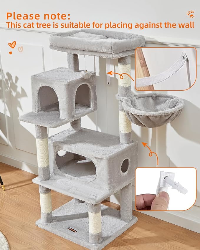 Taoqimiao Cat Tree,49-Inch Cat Tower for Indoor Cats,2 Luxurious cat condo with Adjustable Large Hanging Baskets and Large Luxurious Perch Light Gray MS029LW