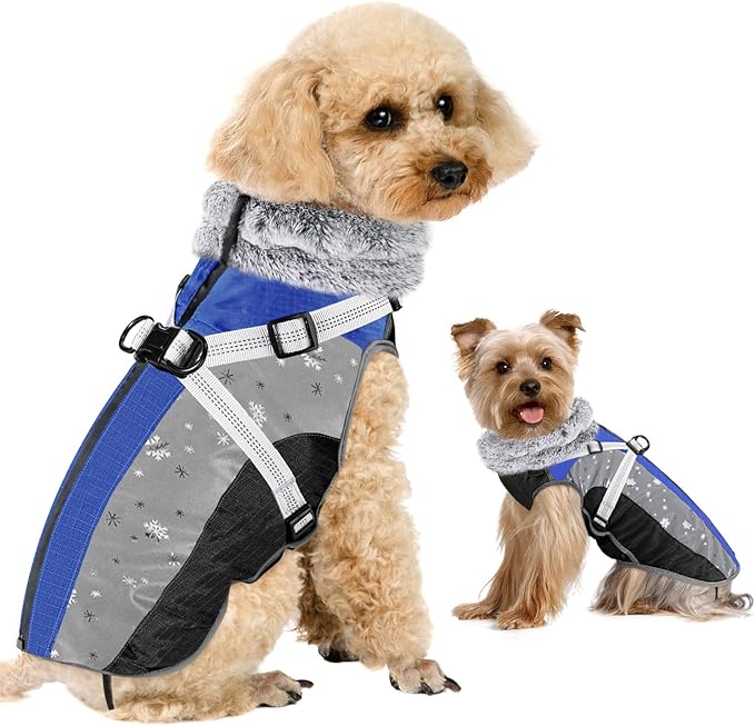 SlowTon Dog Jacket with Harness Built in - Waterproof Fleece Winter Warm Dog Coats for Small Medium Dogs, Reflective Adjustable Furry Puppy Vest Clothes for Outdoor Walking (Blue,S)