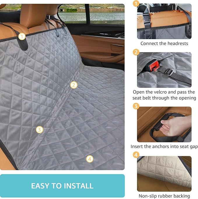 Dog Hammock for Car | Mesh Window & Safety Belt | 100% Waterproof Back Seat Pet Cover for Dogs Safe Travel with Side Door Protectors | Non-Slip, Scratchproof Rear Seat Cover for Cars, SUVs, Trucks