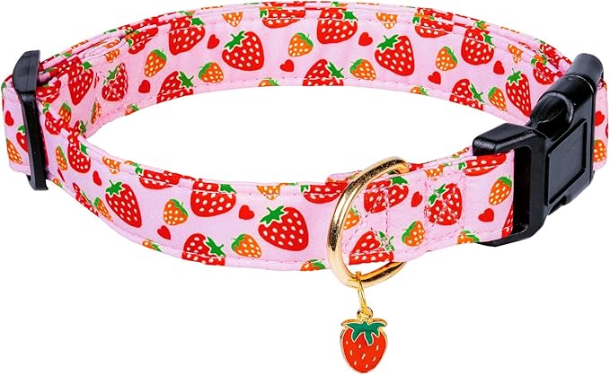 Cute Cotton Dog Collar - Special Design, Soft, Adjustable Strawberry Pink Collar for Small, Medium, Large Female Dogs