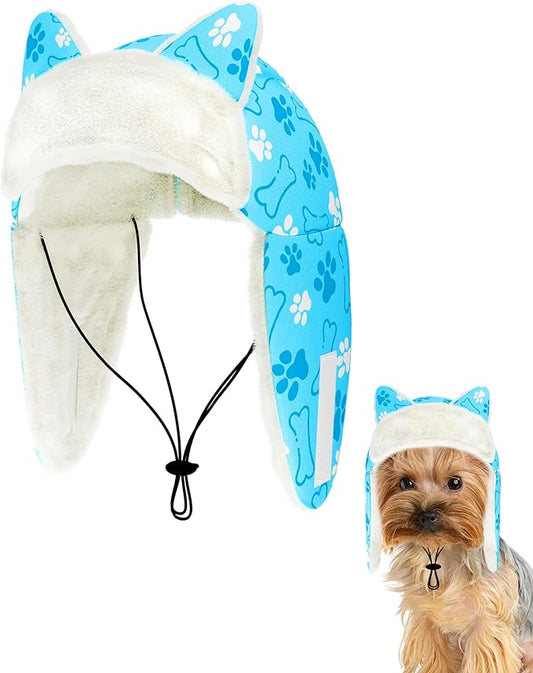 PET SHOW Dog Trapper Hat Winter Hat for Extra Small Dogs Cats Warm Fleece Aviator Hats with Ear Flaps Adjustable Outdoor Boy Puppy Pet Pilot Costume Cap XS-Blue Paw/Without Ear Holes