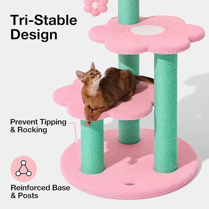 VETRESKA 39.8" Cat Tree Multi-Level Cat Tower with Platform, Sisal Scratching Posts with Hanging Blossom Toy, Indoor Cats Furniture Activity Center for Large Cats Kittens, Pink Flora