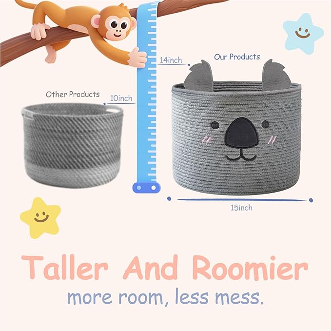 OMERAI Animal Koala Basket, Cute Cotton Rope Woven Large Blanket Basket, Toy Storage for Nursery decor and Laundry Organizer with Handles, baby hamper shower gift, 15" D x 12.6" H, Grey