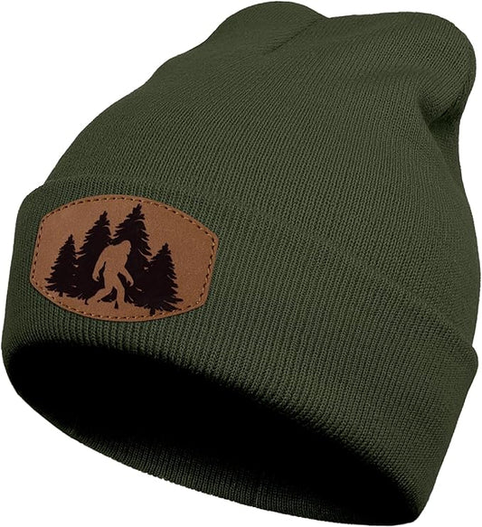 Big Foot Beanie Hat, Sasquatch Leather Patch Winter Knit Skull Cap Bigfoot Gifts for Adult Men Women