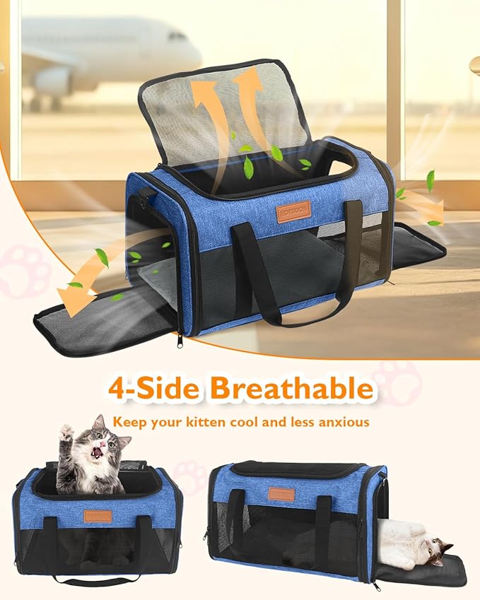 PETUX TSA Approved Pet Carrier in Cabin - 17"x11"x9.5", Underseat, Soft Sided Cat Carriers with Safety Zippers and Anti-Scratch Mesh for Small Cat up to 12 lb, Ideal for Travel and Vet Visit, Blue