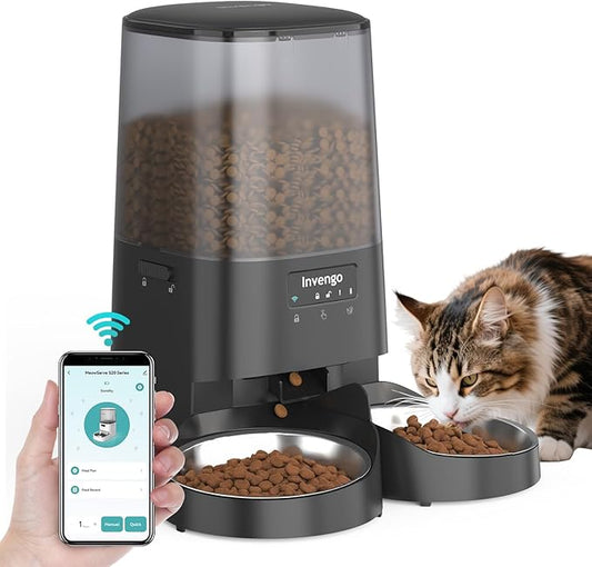 Automatic Cat Feeder with App Control, 5L Food Dispenser for 2 Cats, 2.4/5G WiFi, Dual Power, Programmable Portions, Anti-Jam & Fresh-Lock, Stainless Steel Bowls, Easy to Clean