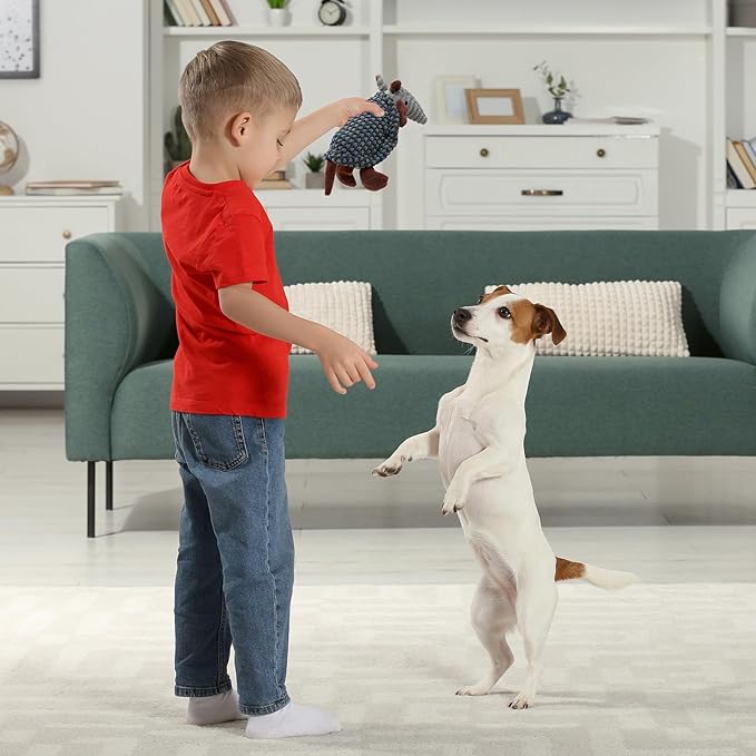 Hollypet Plush Dog Squeaky Toy Stuffed Armadillo Animal Pet Puppy Chew Toys with Clean Teeth for Small Medium Large All Breed Sizes Dogs, White and Light Grey,8 in