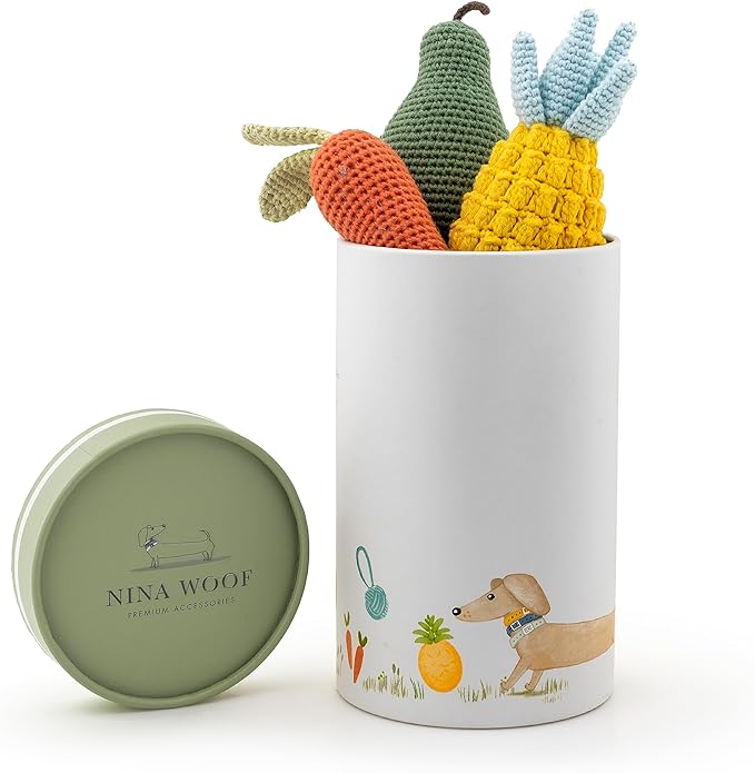 Nina Woof Organic Cotton Squeaky Dog Toys Fruits & Veggies Dog Toy Pack - Handmade Knit Dog Accessories, for Small Medium Dogs, Puppy Essentials and Puppy Toys Perfect Dog Gift