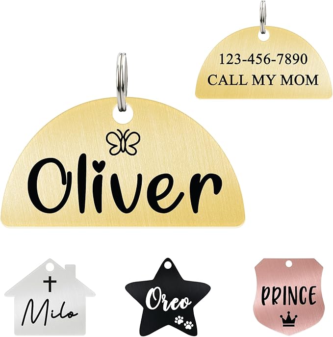 Ultra Joys Personalized Cat Collar Name Tag Small Pet ID Tags for Cats - Customized Mini Cute Dog Cat ID Tag - Bothside Engravable Lightweight Durable Stainless Steel - Semi Circle Tag in Gold