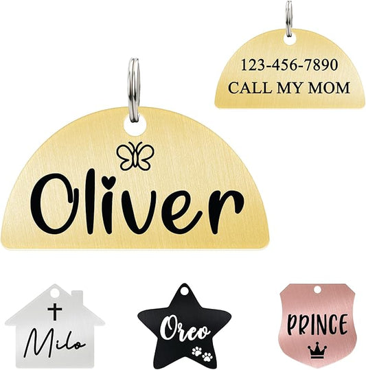 Ultra Joys Personalized Cat Collar Name Tag Small Pet ID Tags for Cats - Customized Mini Cute Dog Cat ID Tag - Bothside Engravable Lightweight Durable Stainless Steel - Semi Circle Tag in Gold