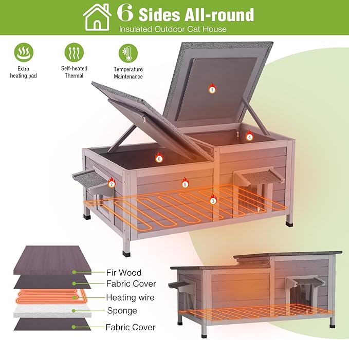GUTINNEEN Large Heated Cat House Outdoor Insulated Cat House Weatherproof Feral Cat Shelter with Thermostat-Controlled Heating Pad, 6-Sided Thermal Liner for 1-4 Feral Stray Barn Cats (Winter-Ready)