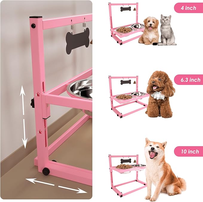 SHAINFUN Elevated Bowls for Small and Medium Dogs, Raised Stand With 2 Stainless Steel Food & Water Bowls, Adjustable Height Feeder for Puppy & Cats, Cute Pink