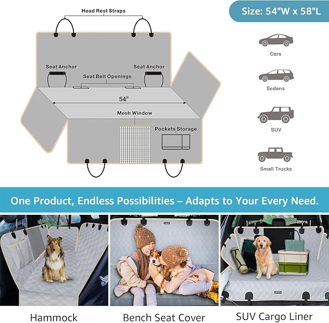 Lassie Dog Car Seat Covers for Back Seat with 2 Seat Belts, Waterproof Dog Car Hammock with Mesh Window Durable Scratch Proof Nonslip Pet Carseat Covers Universal Fit Protector for Cars, Trucks & SUVs