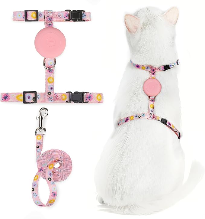 PUPTECK Adjustable Cat Harness and Leash Set Escape Proof Kitten Strap Collar for Walking Travel, Floral Pattern