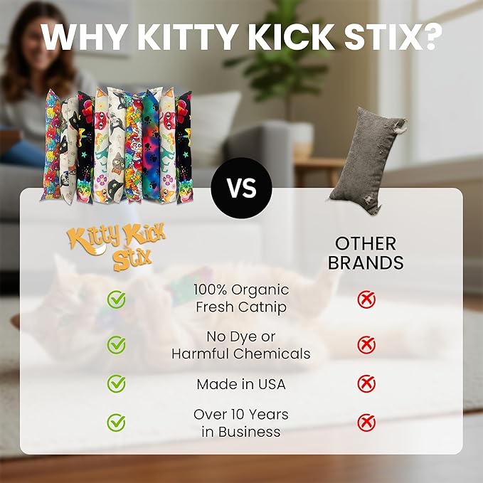 Catnip Kicker Toy Set of 2 (11") - Handmade in USA Durable Kicker Cat Toy - Catnip Kicker for Cats - Interactive Kicker Toys for Cats - Cat Kick Stick - Catnip Toys for Bored Indoor Pet