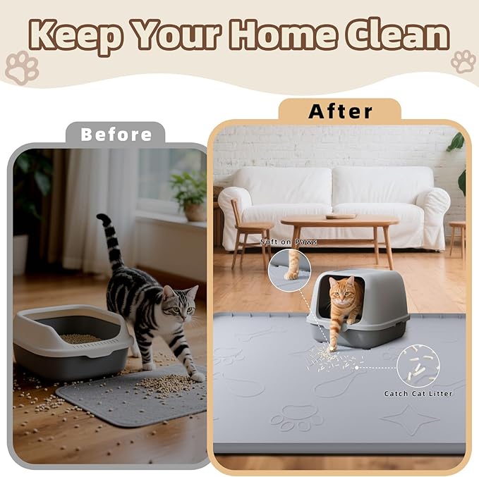Silicone Cat Litter Mat with Collection Pocket, 42" x 28" Large Cat Litter Box Mat Waterproof Anti-Slip Litter Trapping Mat with Edge and Handle Pet Placemat for Floors (Light Grey)