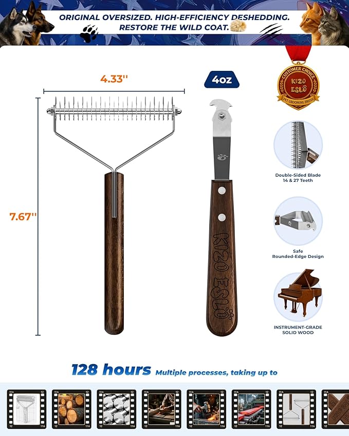 Extra Large 2-Sided Undercoat Rake for Dogs & Cats, Dog Brush for Shedding Remove Mats, Dematting Comb, Safe & Gentle Grooming Brush for German Shepherds Medium to Long-Haired Pets (Walnut Handle)
