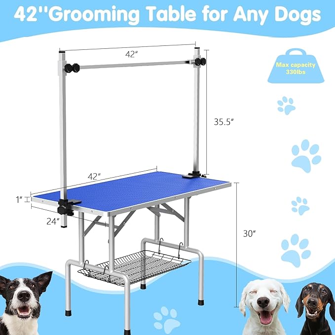 Lyromix 42''Large Dog Grooming Table, Adjustable Cat Drying Desktop with Arms, Nooses, Mesh Tray, Foldable Pet Station at Home, Maximum Capacity Up to 330Lb, 42inch, Blue